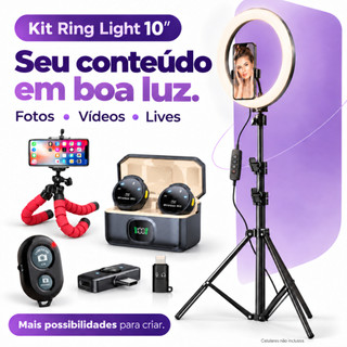 Kit Youtuber Microfone Sem Fio Profissional Tripé 2.10 Ring Light Iluminador 10 Pol Android Iphone