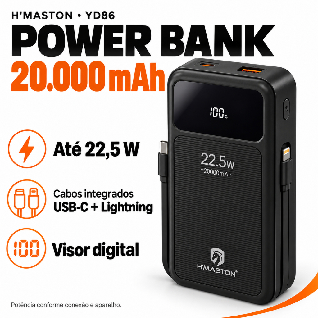 Power Bank H'Maston YD86 20000mAh Carregador Portátil 22,5W Cabos USB-C e Lightning Visor Digital