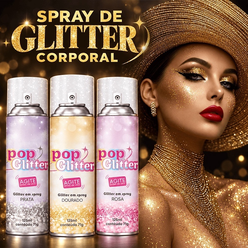 Spray de Glitter para Corpo e Cabelo, Brilho Rosa Dourado Prata para Festa Carnaval e Eventos
