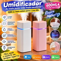 Umidificador De Ar Grande 12 Horas Com 2 Saídas De Ar E Led 3 Em 1 Multifuncional 600ml Para Quarto