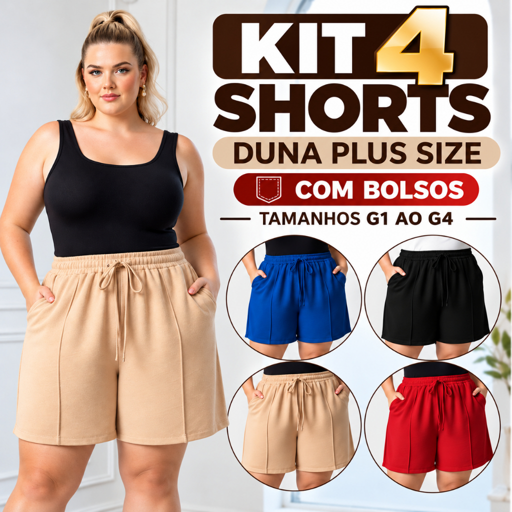 Kit 4 Short Feminino Duna Plus Size Soltinho Verão Cintura Alta Cós Elástico Bolso G1,G2,G3,G4