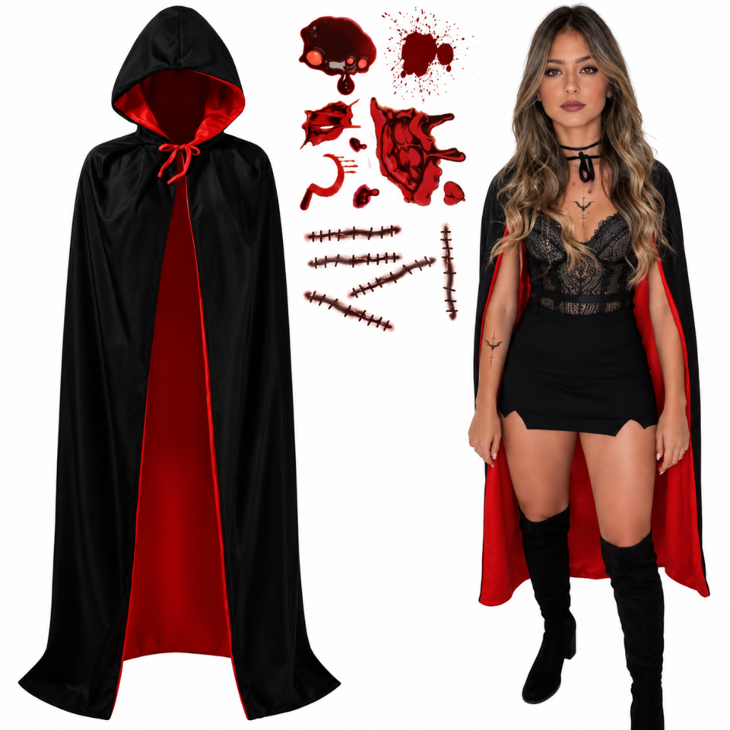 Kit Capa de Bruxa Vampiro Dracula Unissex + Tatoo Ferimento Falso Fantasia Halloween Vampiro Bruxo