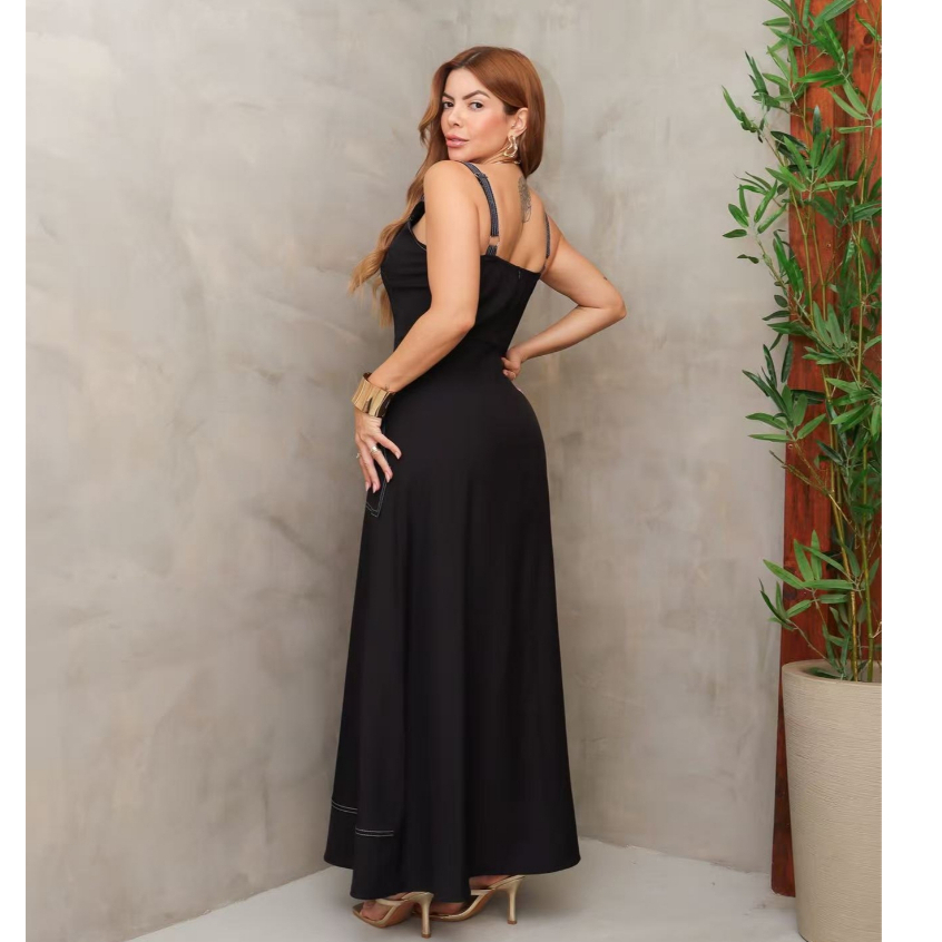 Vestido Longo Feminino Alça com Botões Frontais Bolsos Cintura Marcada Elegante 3RD SD1634 — imagem 2 de 2