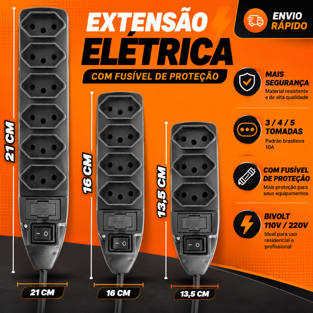 Filtro de Linha Extensão Elétrica 3 Tomadas com Fusível e Interruptor Bivolt