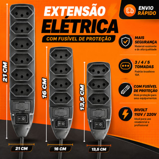 Filtro de Linha Extensão Elétrica 3 Tomadas com Fusível e Interruptor Bivolt