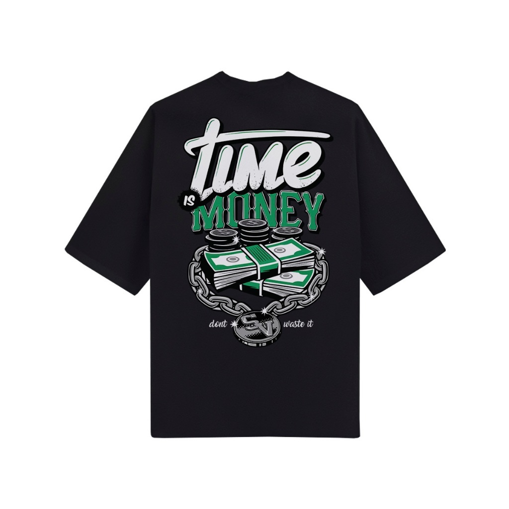 Camiseta Oversized Unissex Estampa Time Is Money Algodão Premium Blusa Algodão Streetwear Moda Urbana Caimento Largo