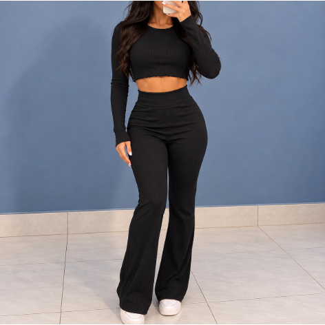 Conjunto Feminino Canelado Cropped Manga Longa e Calça Flare Cintura Alta Elegante Casual Moda Feminina Confortável e Mo