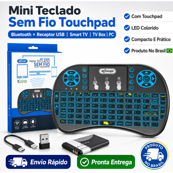 Mini Teclado sem Fio Knup KP-2048 com Touchpad LED Recarregável 2.4GHz