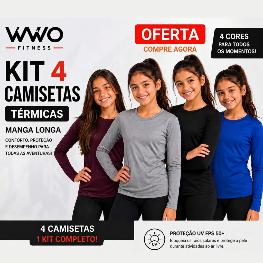 🌊Kit 4 Blusas UV Infantil Térmica camiseta de Proteção Solar para Menino e Menina UV50 praia futebol criança