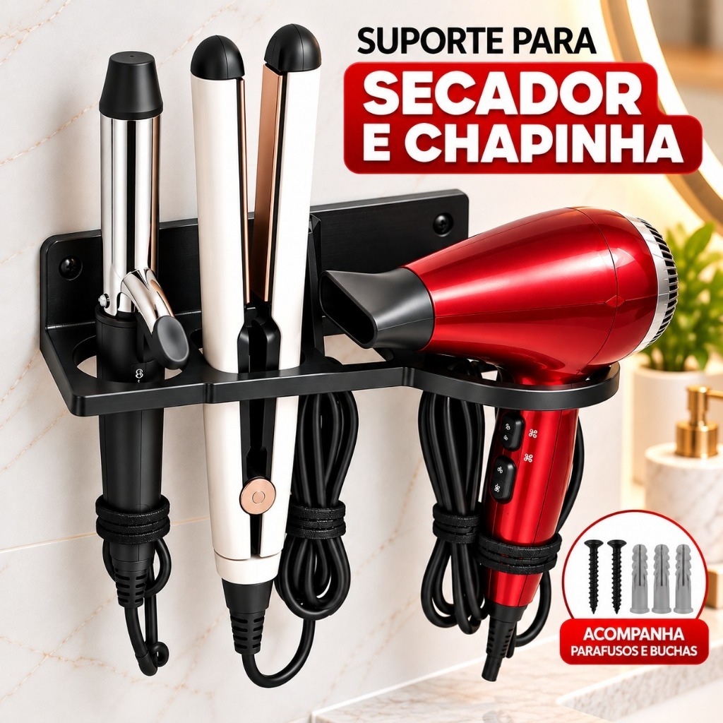 Suporte Secador Cabelo Prancha Chapinha Babyliss Organizador Parede Para Banheiro Quarto Salão