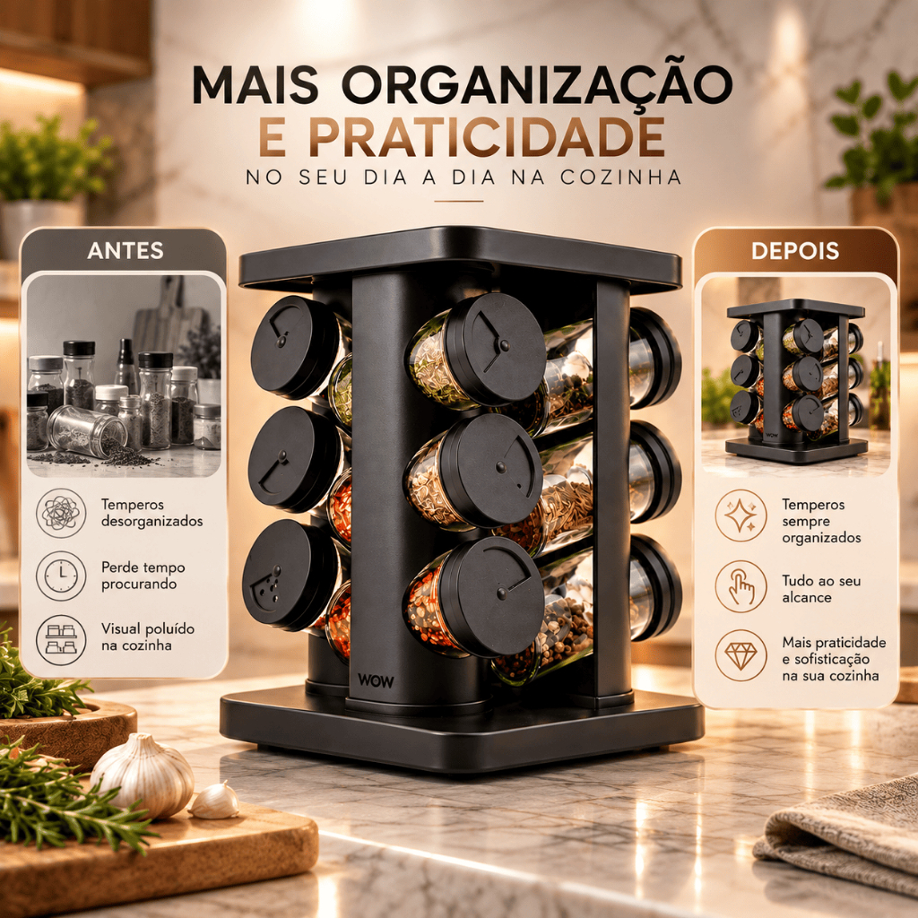 Porta Tempero Giratório Vidro 12 Potes 360 Preto · foto 2