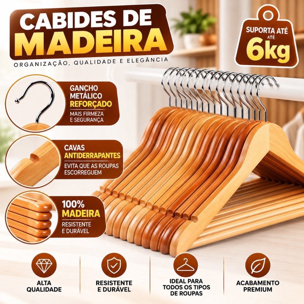 KIT conjunto Cabide de Madeira Marfim Reforçado Roupa Antiderrapante Gancho Metal Camisa Calça Vestido — imagem 2 de 2