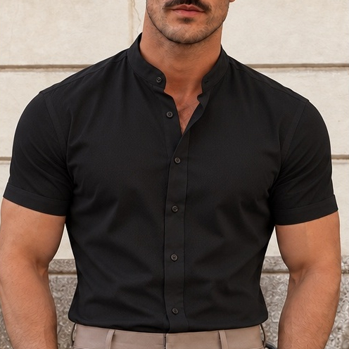 Camisa Social Masculina Gola Padre Manga Curta Premium