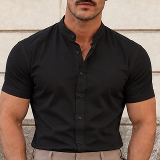 Camisa Social Masculina Gola Padre Manga Curta Premium