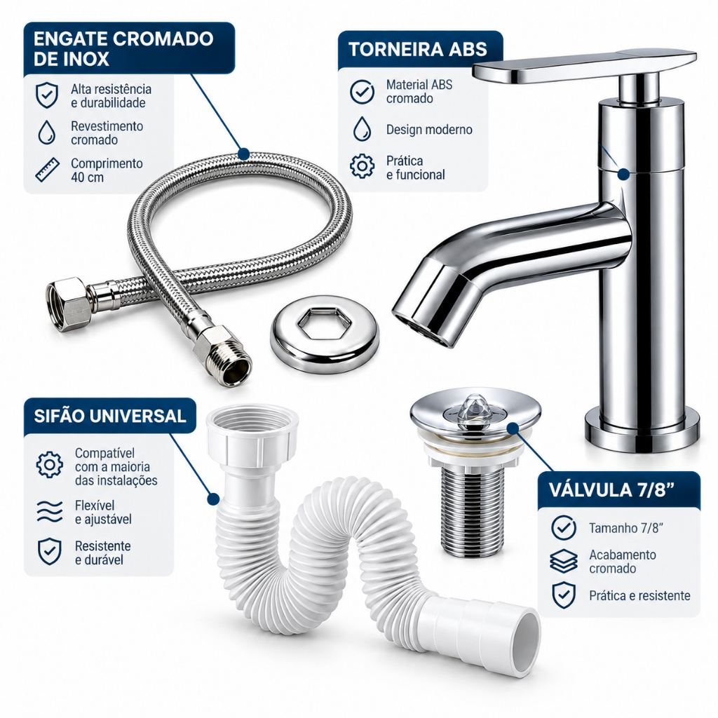 Kit para Lavatório/Banheiro/Lavabo Completo Torneira ABS Cromada + Válvula 7/8 + Sifão + Engate Inox Cromado · foto 2