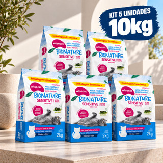 Kit 5 Areia Sanitária Higiênica pra Gatos Natural Vegetal Mandioca Sensitive Grãos Finos Wisecat 2KG