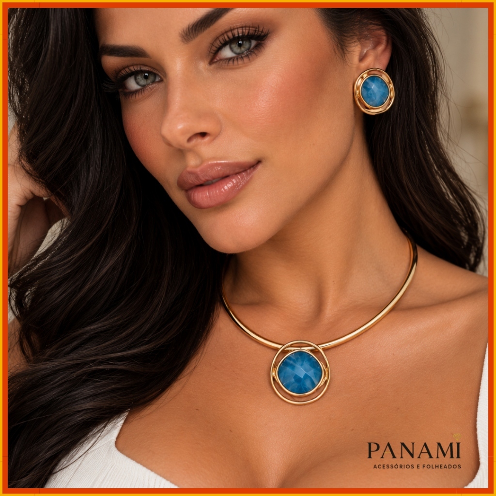 colar choker aro Gargantilha Dourada com Pedra Verde esmeralda e Brinco Conjunto Feminino Aro Rígido Moderno