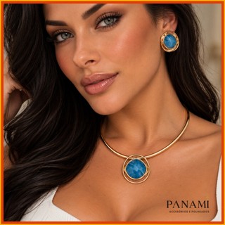 colar choker aro Gargantilha Dourada com Pedra Verde esmeralda e Brinco Conjunto Feminino Aro Rígido Moderno