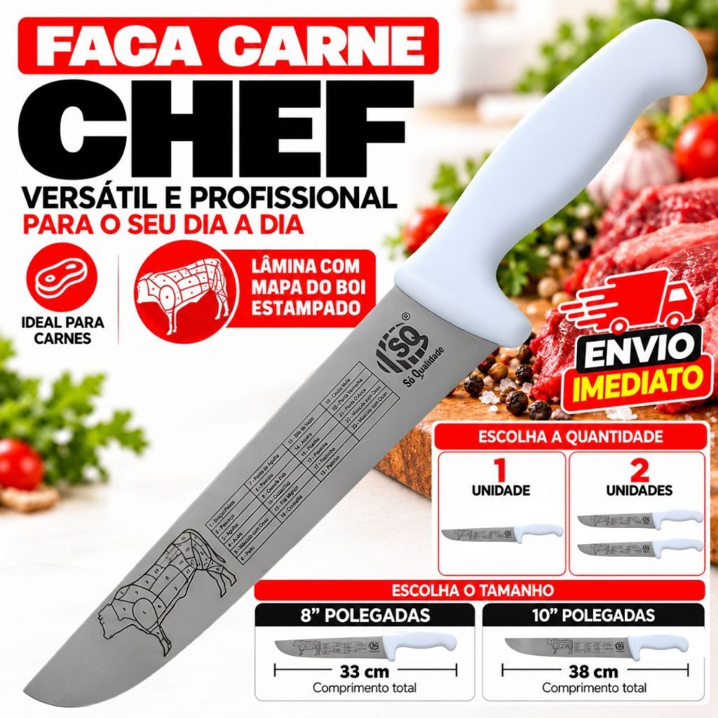 Faca Carne Chef Aço Cabo Branco 8'' ou 10" Profissional Churrasco Entre as melhores facas de cozinha