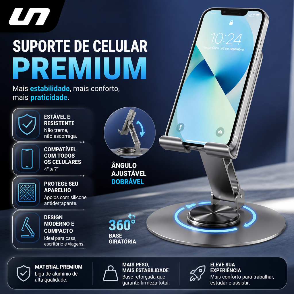 Suporte Alumínio de Mesa Base Rotatória Ajustável 360º Para Smartphones e Tablets C340