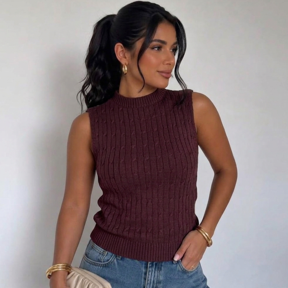Blusa Feminina Tricot Regata Gola Alta Modal Muscle Tee Texturizada Elegante Confortável Básica Sofisticada