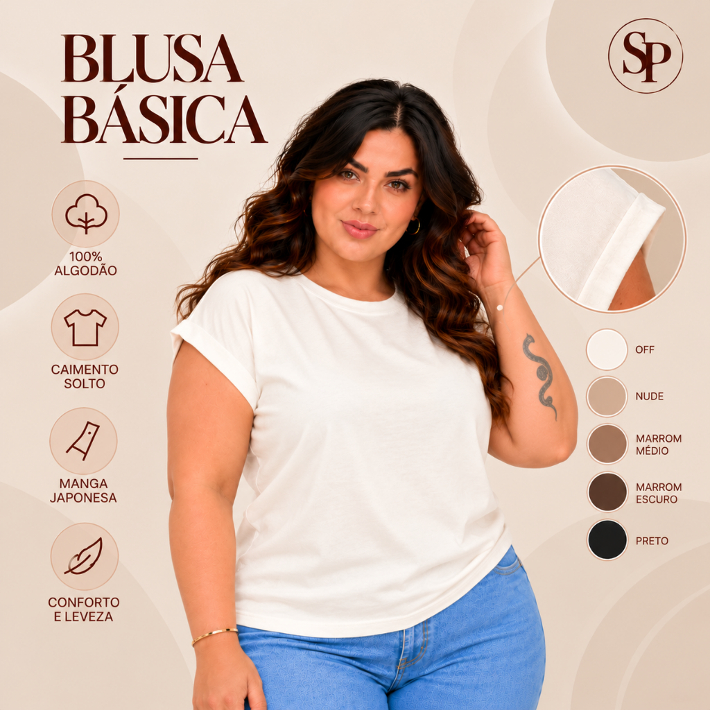 Blusa Feminina Plus Size Manga Japonesa Lisa Camisa 100% Algodão Camiseta Básica
