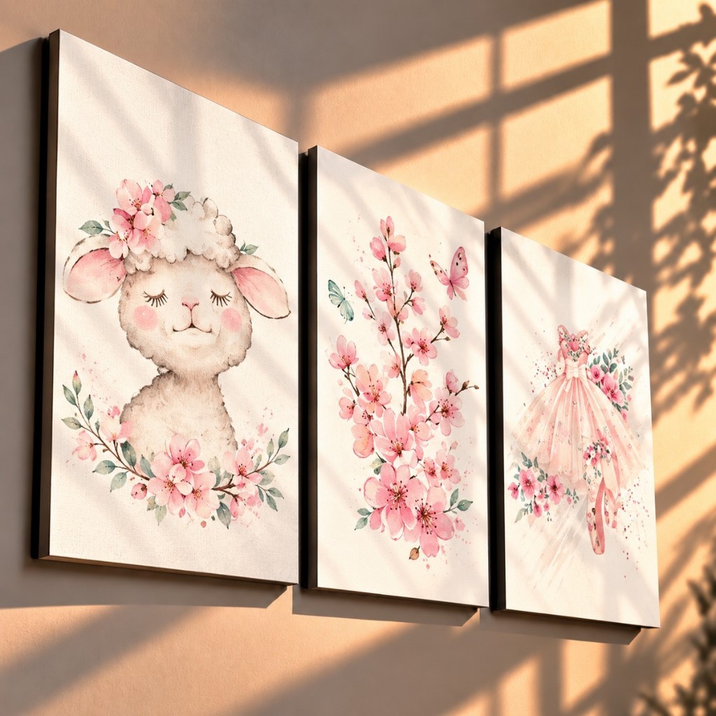 Quadros decorativos Infantis Ovelhas, vestidos e flores (3 peças)