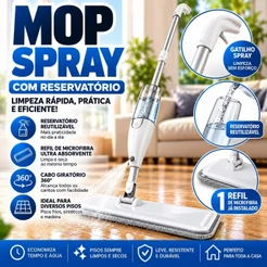 Mop Spray Flat Com Reservatório Rodo Mágico Limpeza Piso Refil Microfibra Lavável Cabo Inox Giratório 360°