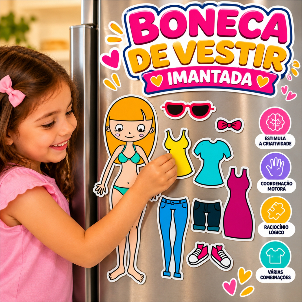 Boneca de Vestir Imantada Magnética Infantil com Roupinhas e Acessórios Brinquedo Educativo menina menino