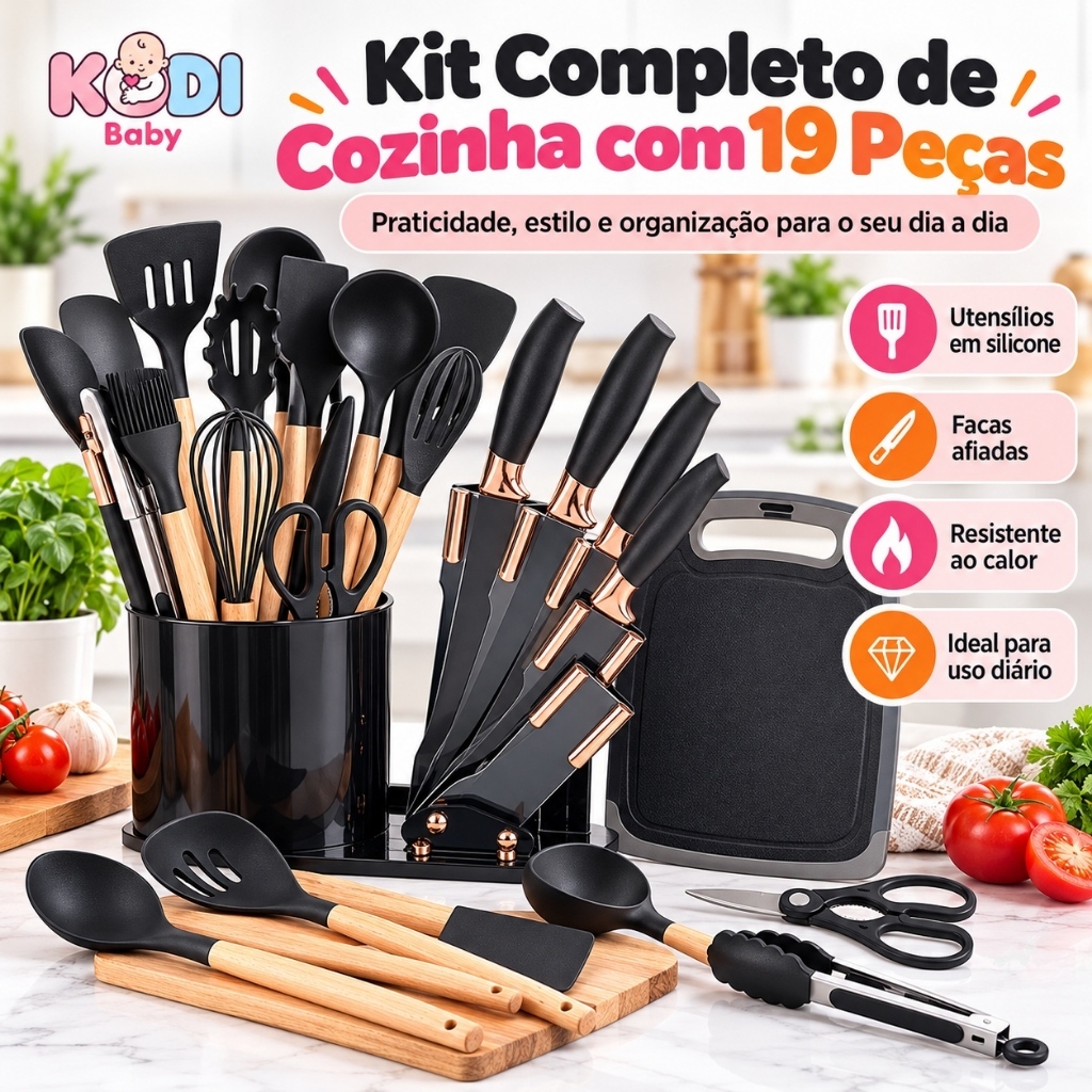 Kit 19 Cozinha Completo Silicone | Inclui Espátulas, Colheres, Tesouras, Facas e Pegadores -R9