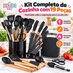 Kit 19 Cozinha Completo Silicone | Inclui Espátulas, Colheres, Tesouras, Facas e Pegadores -R9