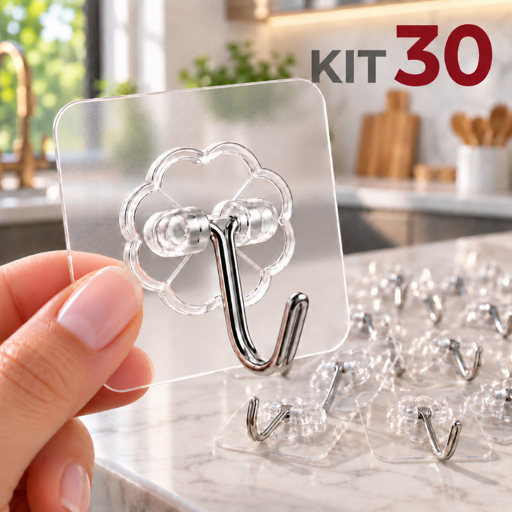 KIT 30 Ganchos Adesivos Transparentes Sem Furar Parede Multiuso Para Cozinha Banheiro e Organização