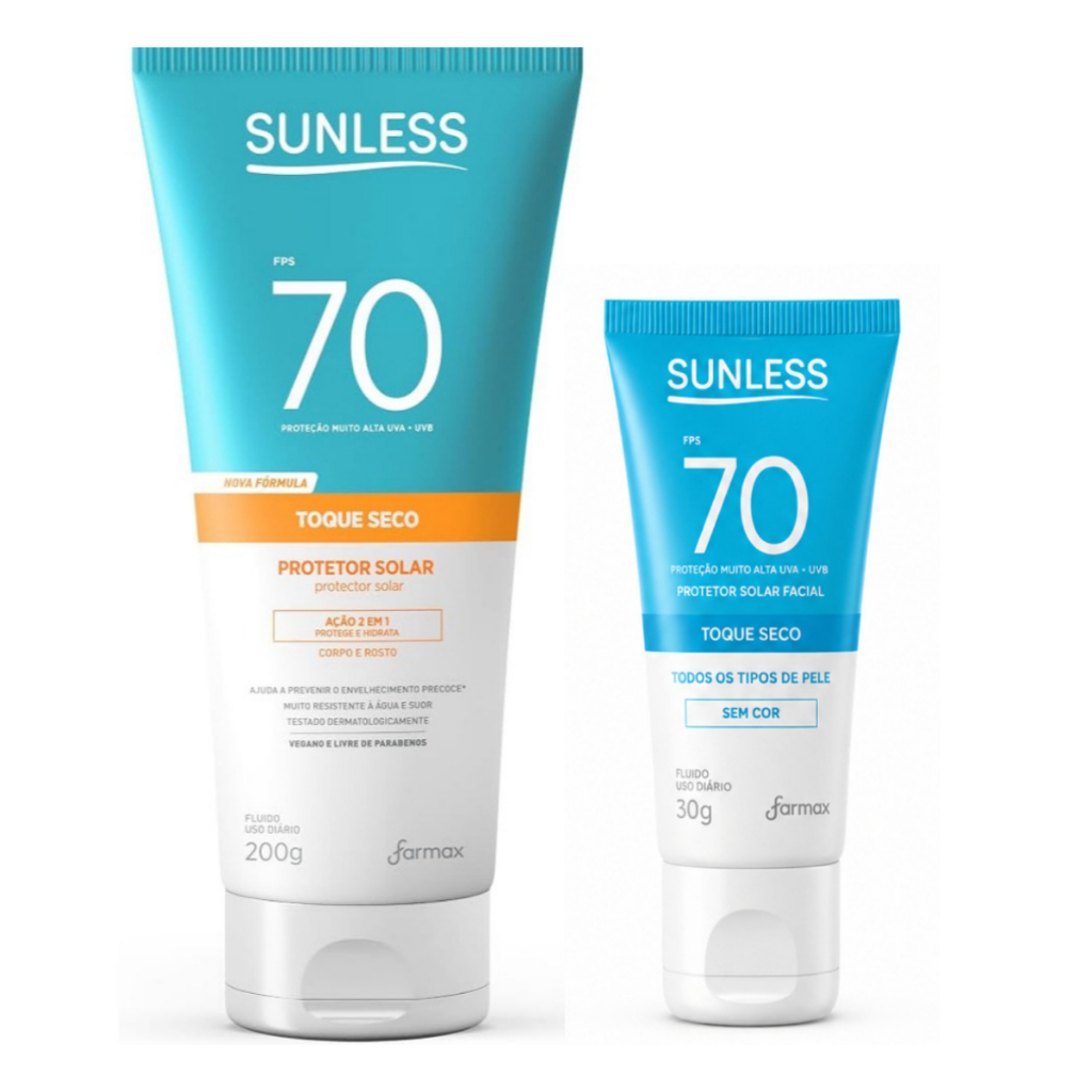 Protetor Solar Sunless FPS 70 Toque Seco Antioleosidade Corporal 200g Facial 30g Kit Corporal Rosto