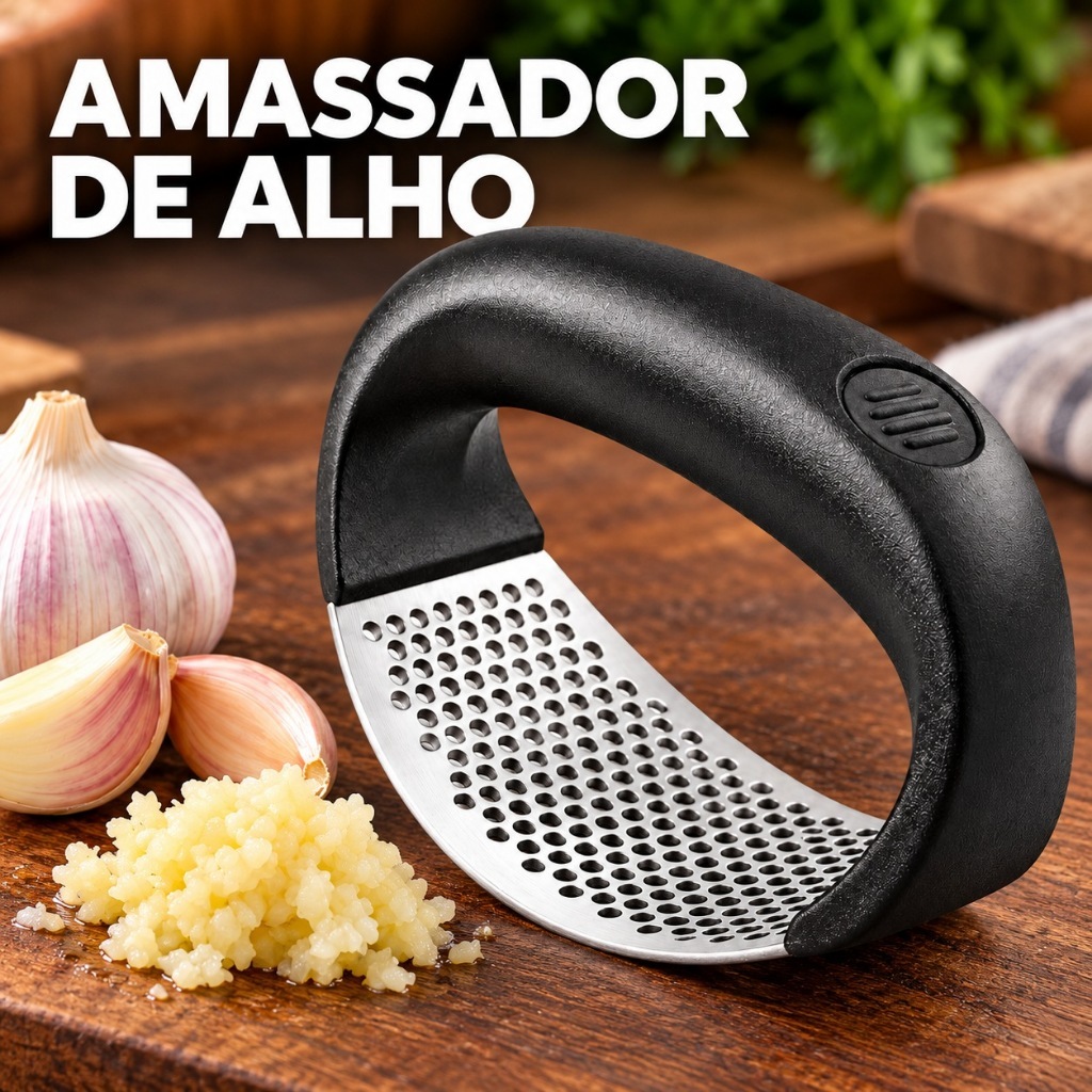 Triturador Amassador de Alho Inox Manual com Cabo Preto para Temperos e Cozinha