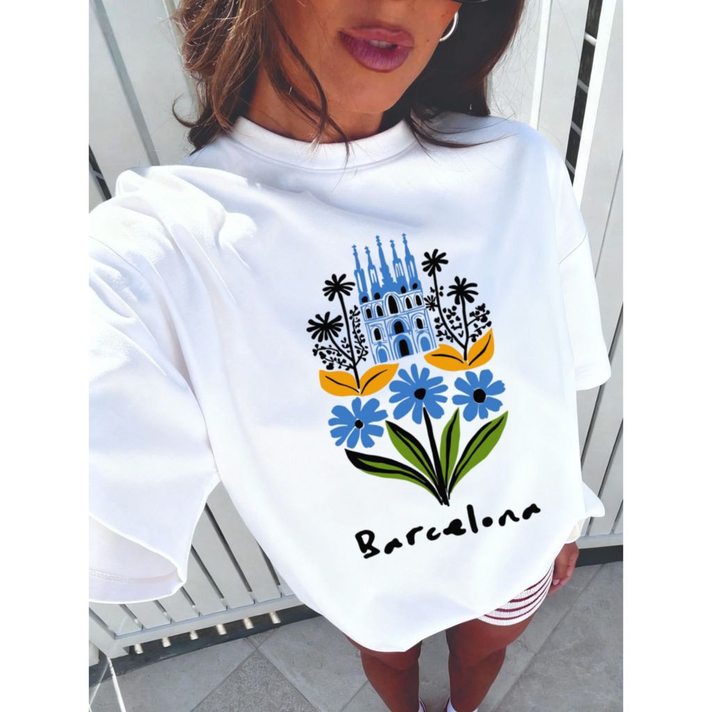 Camiseta Camisa blusa estilosa over Feminina 100%Algodão moda feminina estampa colorida barcelona