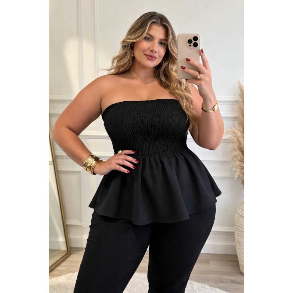 Blusa Cropedd tomara que caia com Detalhe de Ruffle Feminina para Elegância e Conforto tecido duna plus size tamanho úni em Oferta na Shopee