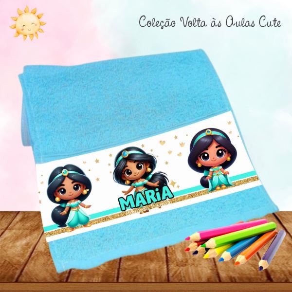 Kit 3 Toalhinhas Jasmine Princesa Cute Escolar Lavabinho Personalizada com Nome Linda Delicada
