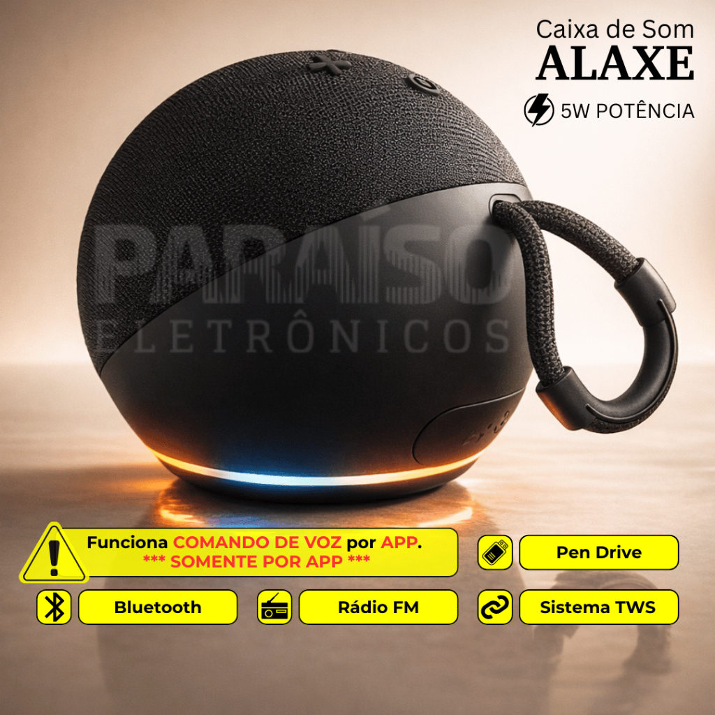 Caixa de Som ALAXE COM COMANDO DE VOZ POR APP Bluetooth Portátil Rádio FM LED CORES ALEATÓRIAS