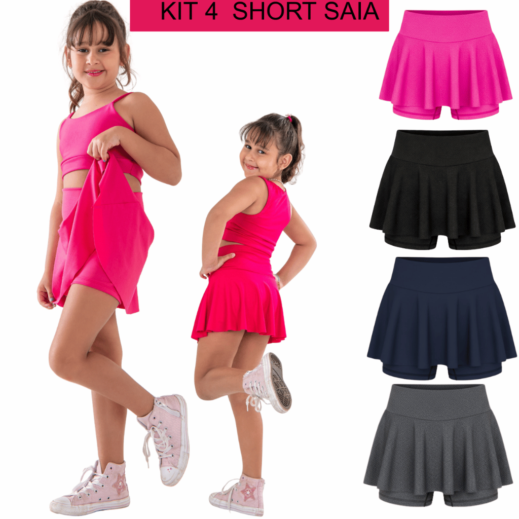 Kit 4 Short Saia Uniforme Infantil Roupa De Treino Kids Legging Dança Teatro Para Meninas