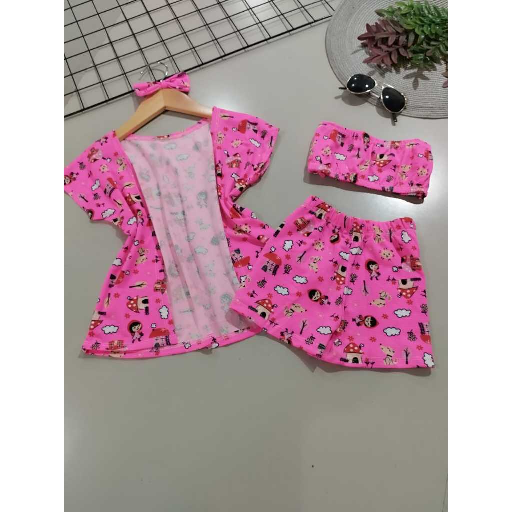 Conjunto Infantil Feminino 4 Peças Tecido Kioto - Kimono, Top, Short e Laço - (@Veste 3 a 6 Anos - Atemporal e Elegante