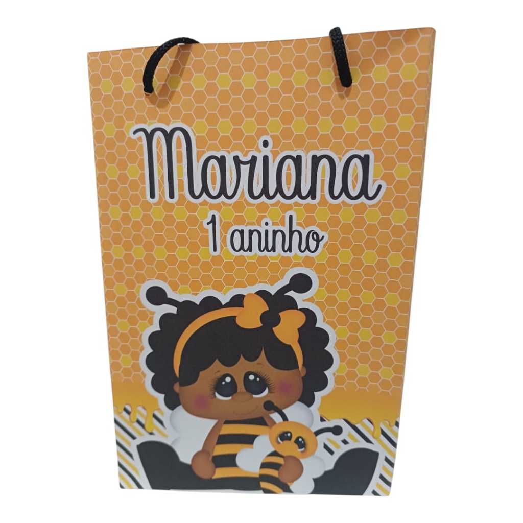 Sacolinha Personalizada com nome e idade (cabe Pipoca) Abelhinha Negra Surpresa Festa Aniversário Lembrancinhas
