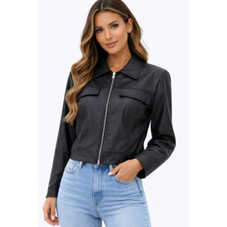 Jaqueta de couro feminina com zíper , casual. em Oferta na Shopee
