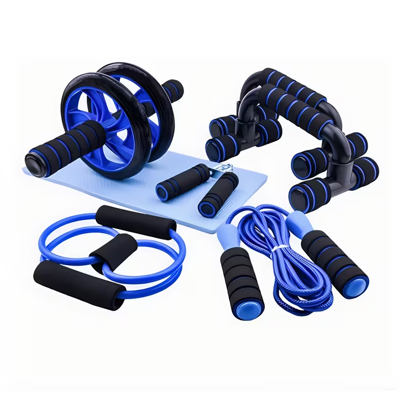 Kit Fitness 6 em 1 Roda Abdominal Flexão Corda Elástico Hand Grip Tapete Treino em Casa