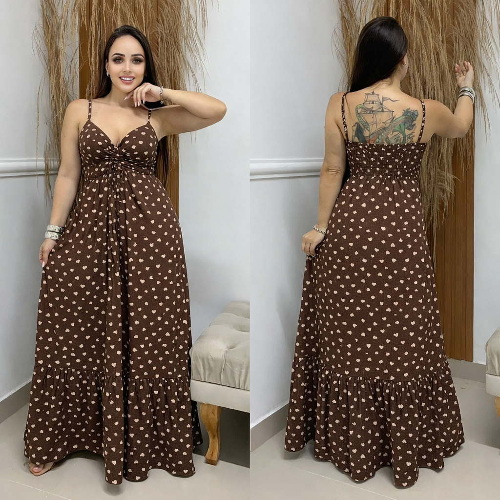 VESTIDO FEMENINA LONGO BERSATIL alça posei bojo y ilastex en las costas tecido crepe Tendemcia 2026