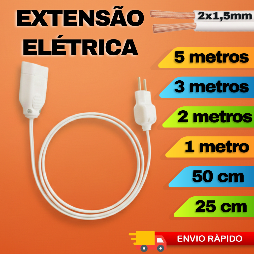 Extensão Elétrica Reforçada 25cm/50cm/1m/2m/3m/5m Cabo Prolongador Paralelo Branco 2x1,5mm | 110v e 220v
