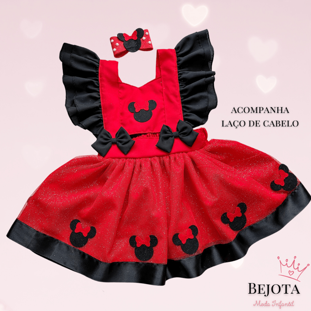 Vestido Romper Bebê Minnie Minie Vermelha + Laço de Cabelo Menina Festa Aniversario Mesversario