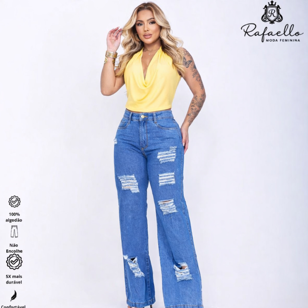 Calça Jeans Feminina Wide Leg Marmorizada Cintura Alta Sem Lycra