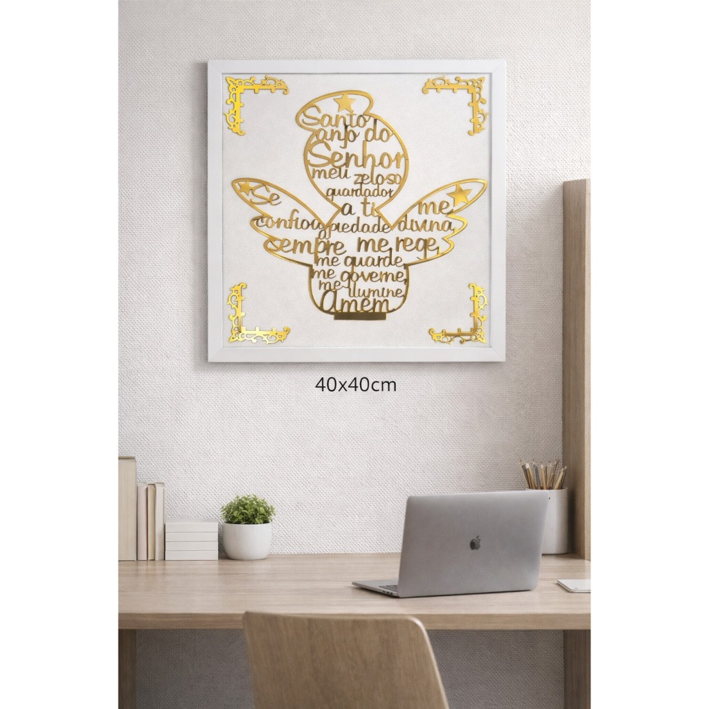 Painel Santo Anjo Do Senhor Quadro com Moldura Espelho Dourado 40x40cm