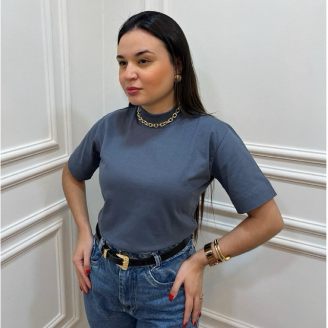 Blusa Feminina T-shirt Gola Alta Camiseta 100% Algodão em Oferta na Shopee