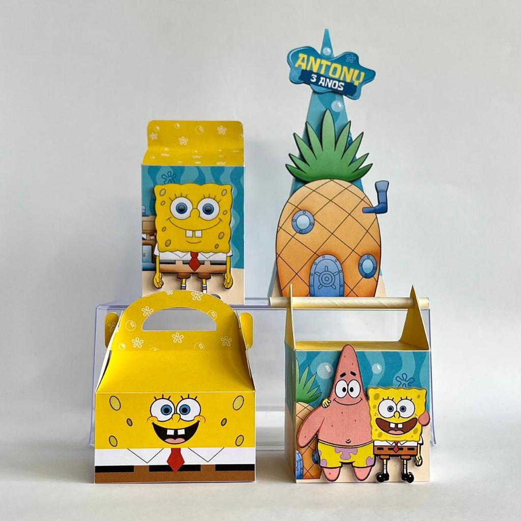 Kit festa Bob Esponja Personalizado | Lembrancinhas | Festa | Caixa Milk | Caixa Pirâmide | Aniversário Infantil